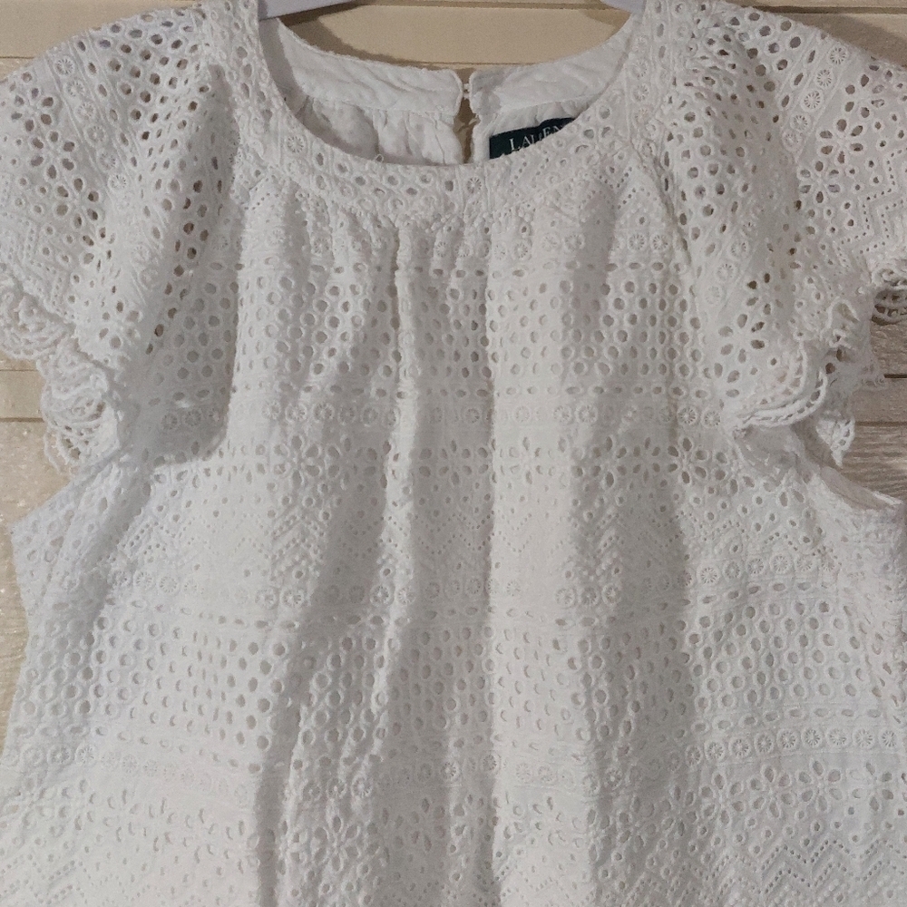 Lauren Ralph Lauren Chic White Eyelet Blouse- size L - Picture 5 of 8